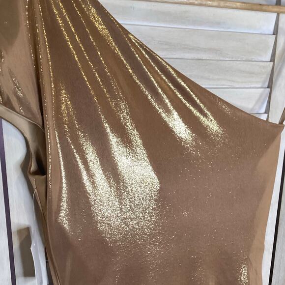 Rene Ruiz Metallic Gold One Shoulder Ruched Midi Cocktail Dress 4 NWT - Picture 6 of 10